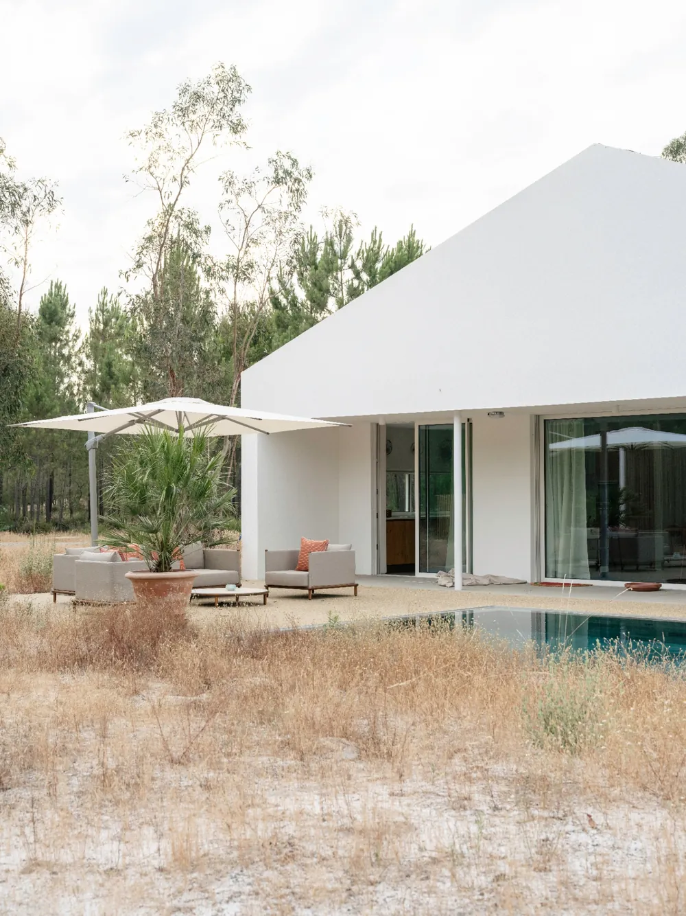 Terrace, parasol and pool beside the eucalyptus grove.