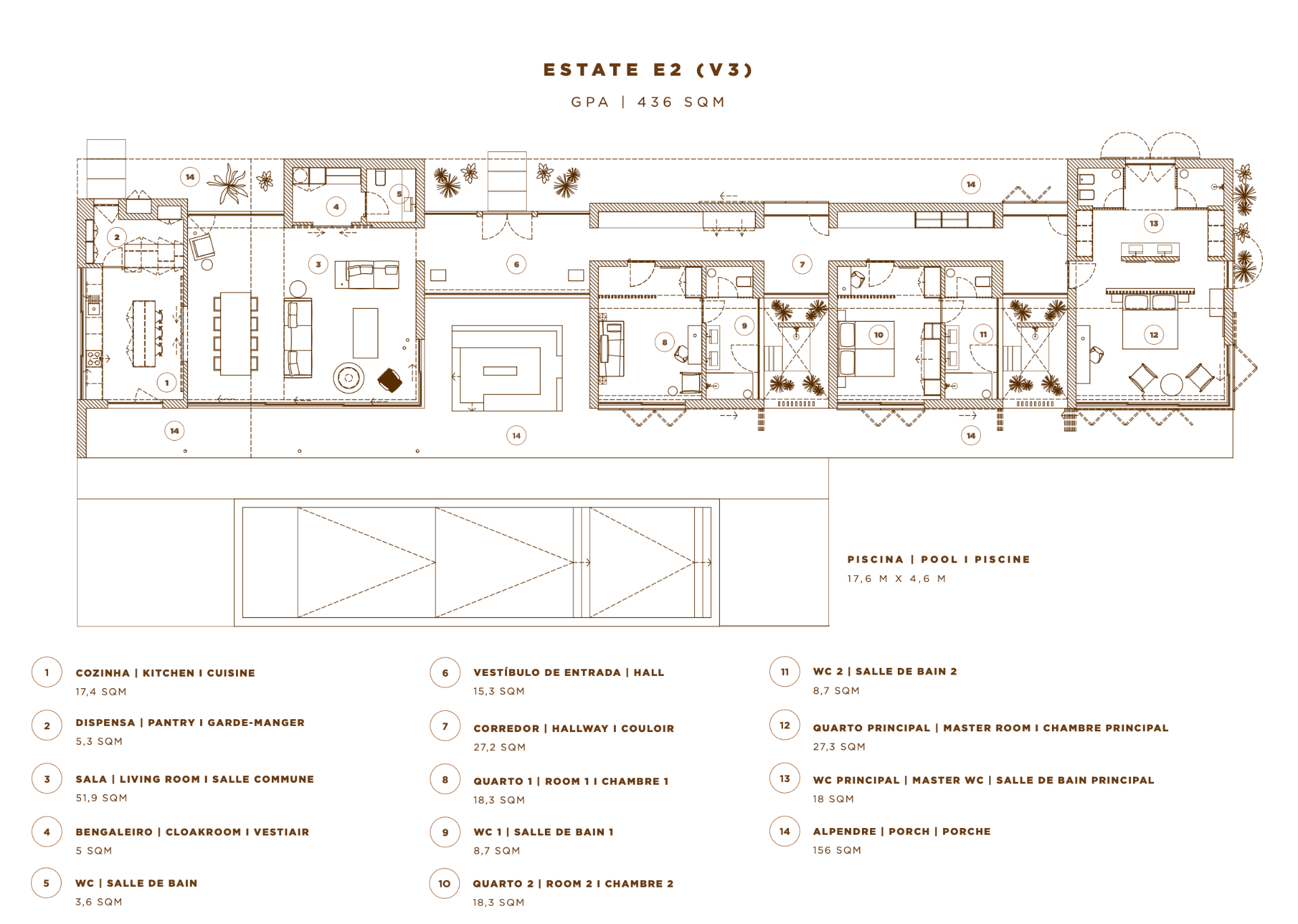 Estate 230 floor plan — 436 sqm residence with pool, kitchen, living areas, three suites and porches.